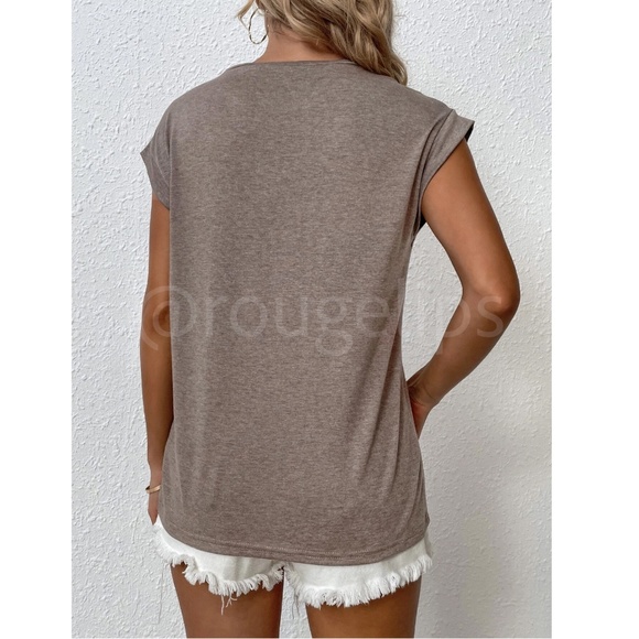 Mocha Brown Crew Neck Muscle Tee Top Shirt Cap Sleeve, Round Neck - Picture 3 of 11